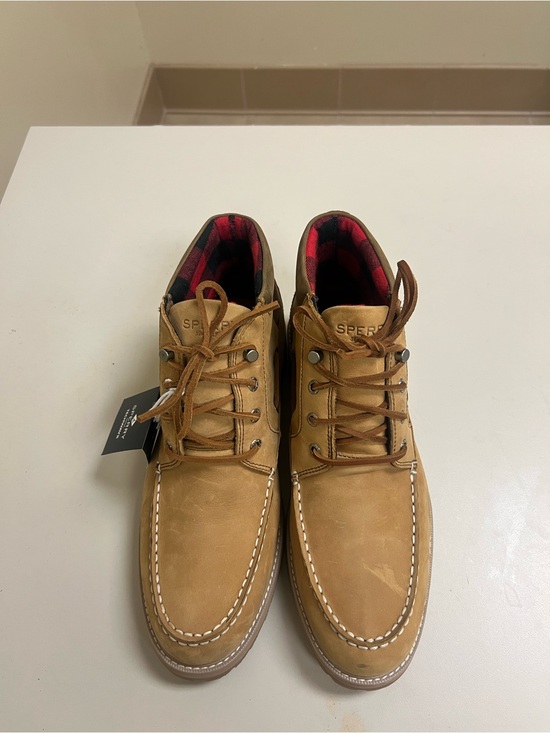 Sperry Other - Sperry Tan Leather Moc Toe Boat Shoes with Red Plaid Lining